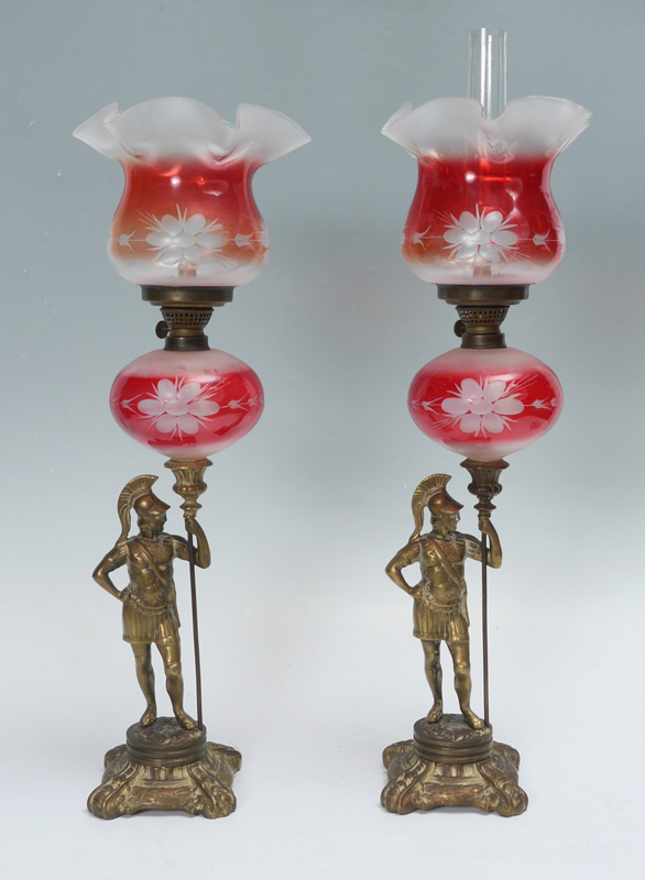 Appraisal: PAIR GILT FIGURAL ROMAN SOLDIER OIL LAMPS Figure gilt decorated