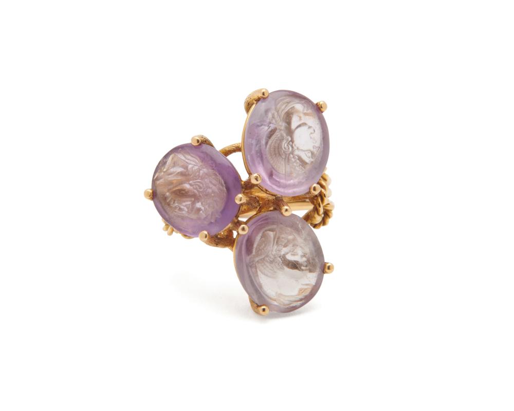 Appraisal: K Gold and Amethyst Ring comprising three carved cabochon amethysts