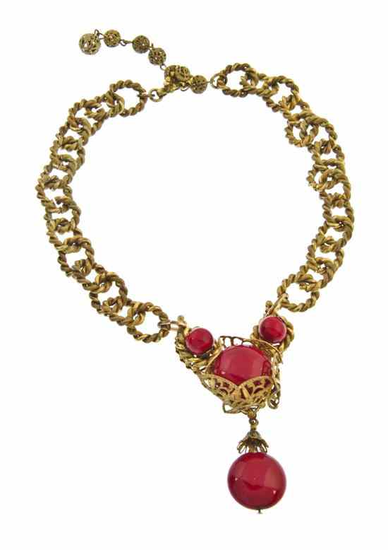 Appraisal: A Miriam Haskell Goldtone and Red Glass Necklace heavy chain