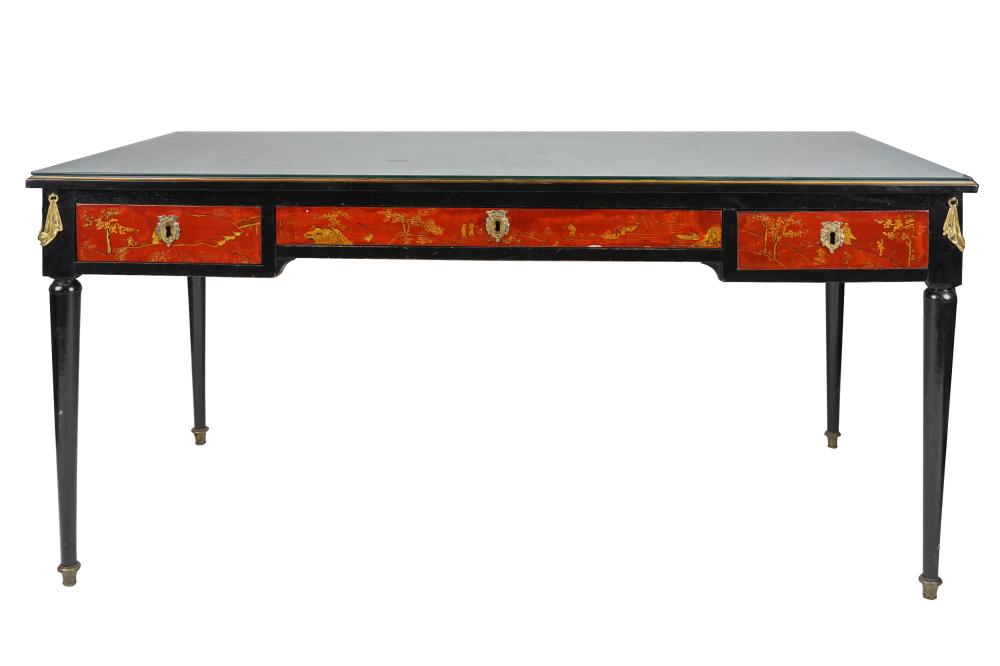 Appraisal: CHINOISERIE LACQUERED BUREAU PLATwith removable glass panel over leather-inset top