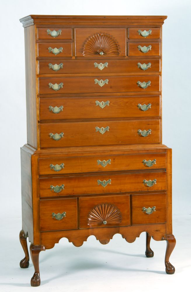 Appraisal: ANTIQUE AMERICAN CHIPPENDALE CHEST-ON-CHEST In cherry with molded cornice Fan-carved