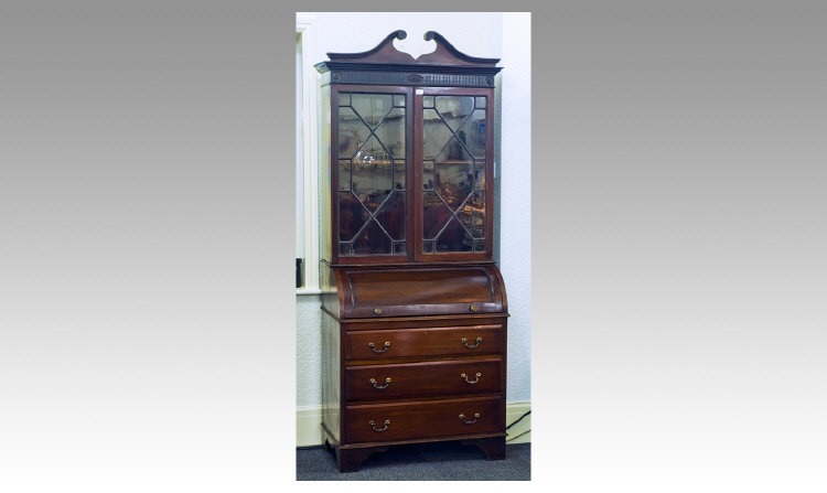 Appraisal: Victorian Mahogany Cylinder Bureau Bookcase Broken Pediment Above Two Glazed