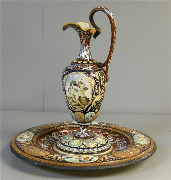 Appraisal: Choisy-le-roi Majolica dish and matching ewer decorated with mythical beasts