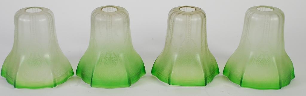 Appraisal: SET OF FOUR GREEN TINTED GLASS PENDANT LIGHT SHADES etched