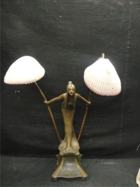 Appraisal: Gilt Metal Art Nouveau Figural Lamp with Shell Shades From