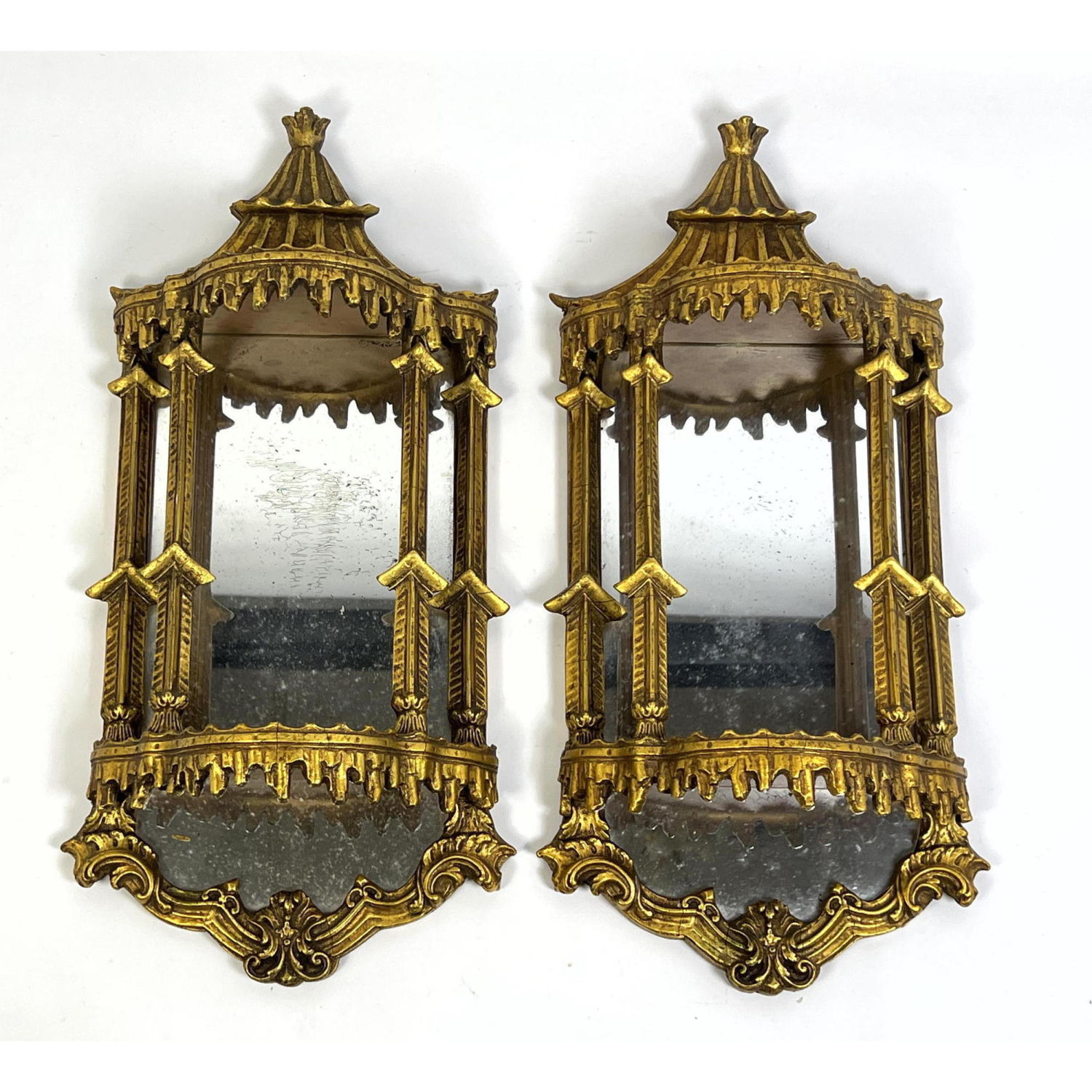 Appraisal: Pair Chinese Style Mirrored Shelf Sconces Gilt wood Dimensions H