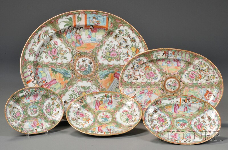 Appraisal: Five Graduating Rose Medallion Oval Porcelain Platters China late th