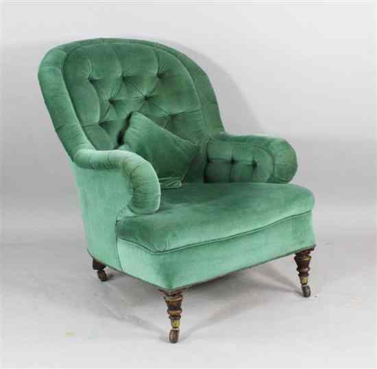 Appraisal: A Victorian button back armchair with green dralon upholstery Estimate