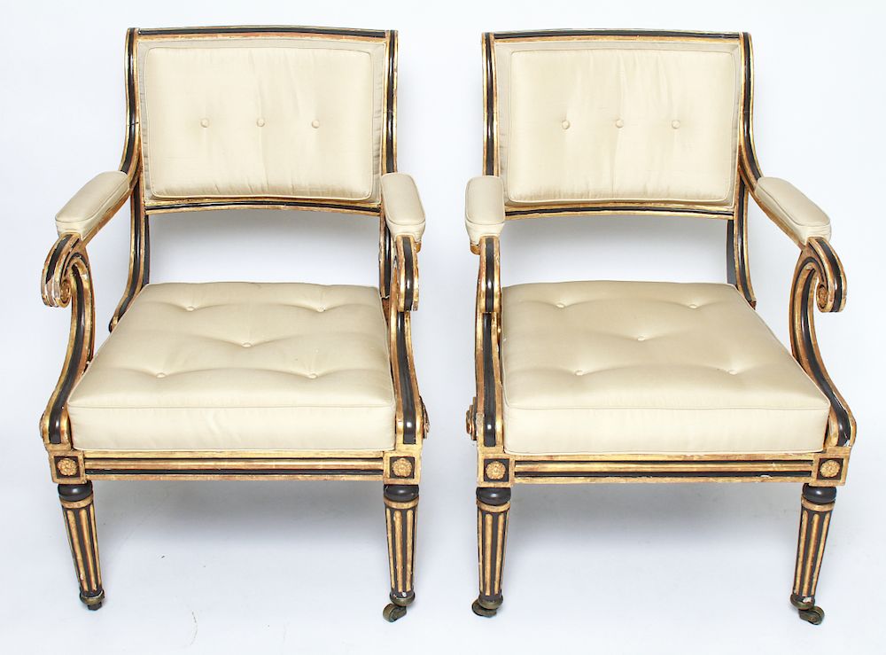 Appraisal: Regency Painted Giltwood Armchairs Chairs Pair Regency black painted and