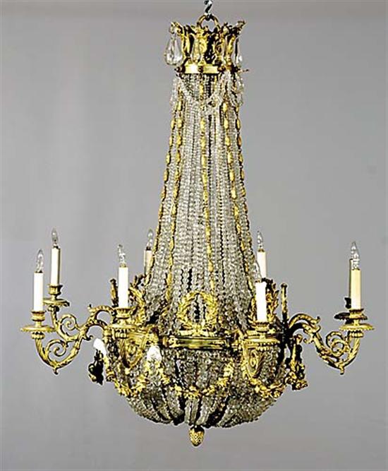 Appraisal: French bronze and crystal eight-light basket chandelier late th centurybronze