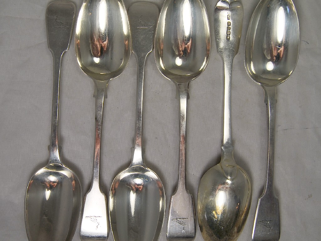 Appraisal: Six silver fiddle pattern serving spoons mixed dates all bearing