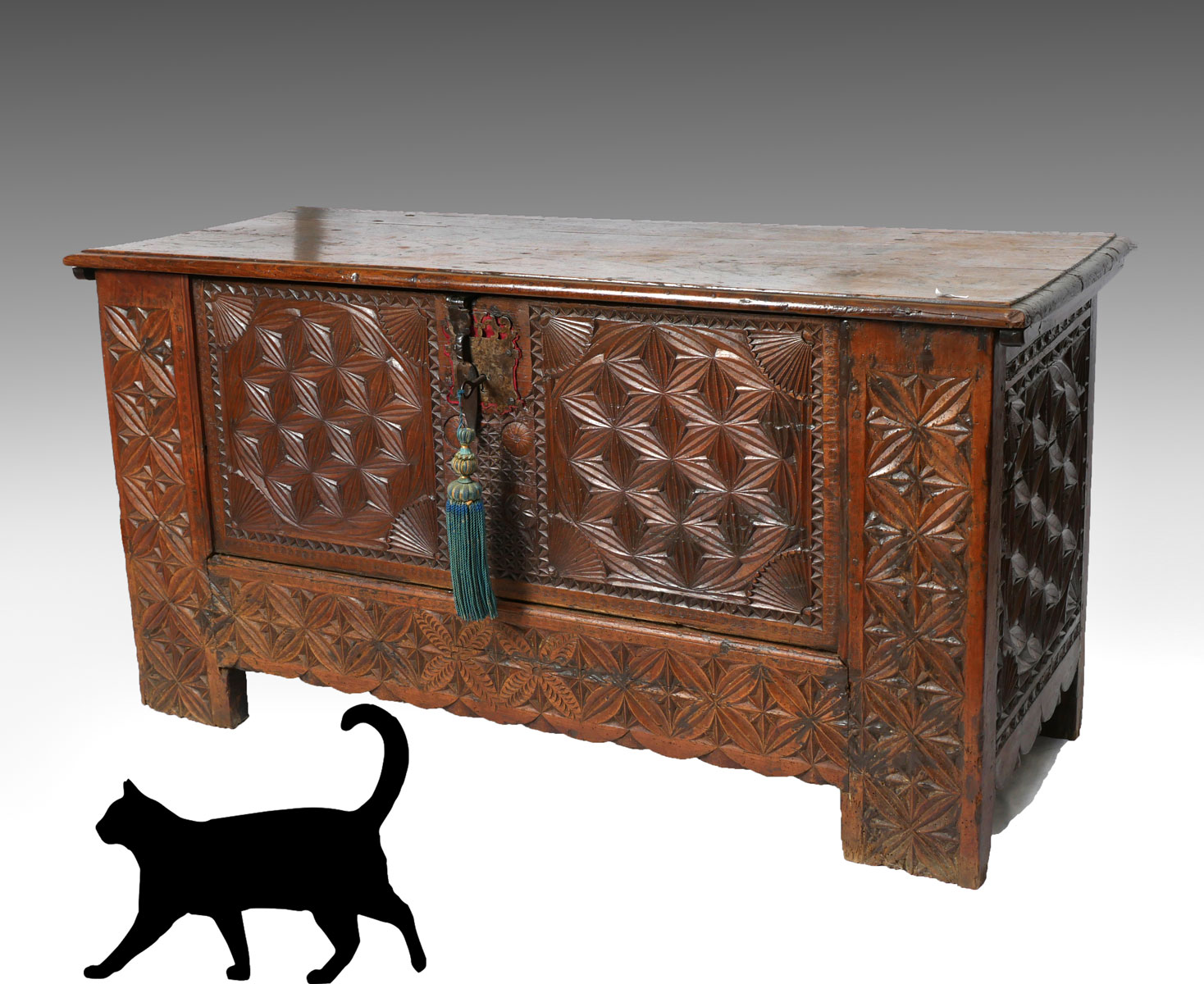 Appraisal: IMPORTANT CARVED ENGLISH CHEST Overall carved geometrical designs Forged lock