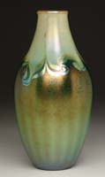 Appraisal: TIFFANY DECORATED VASE Iridescent green with gold hooked feather decoration