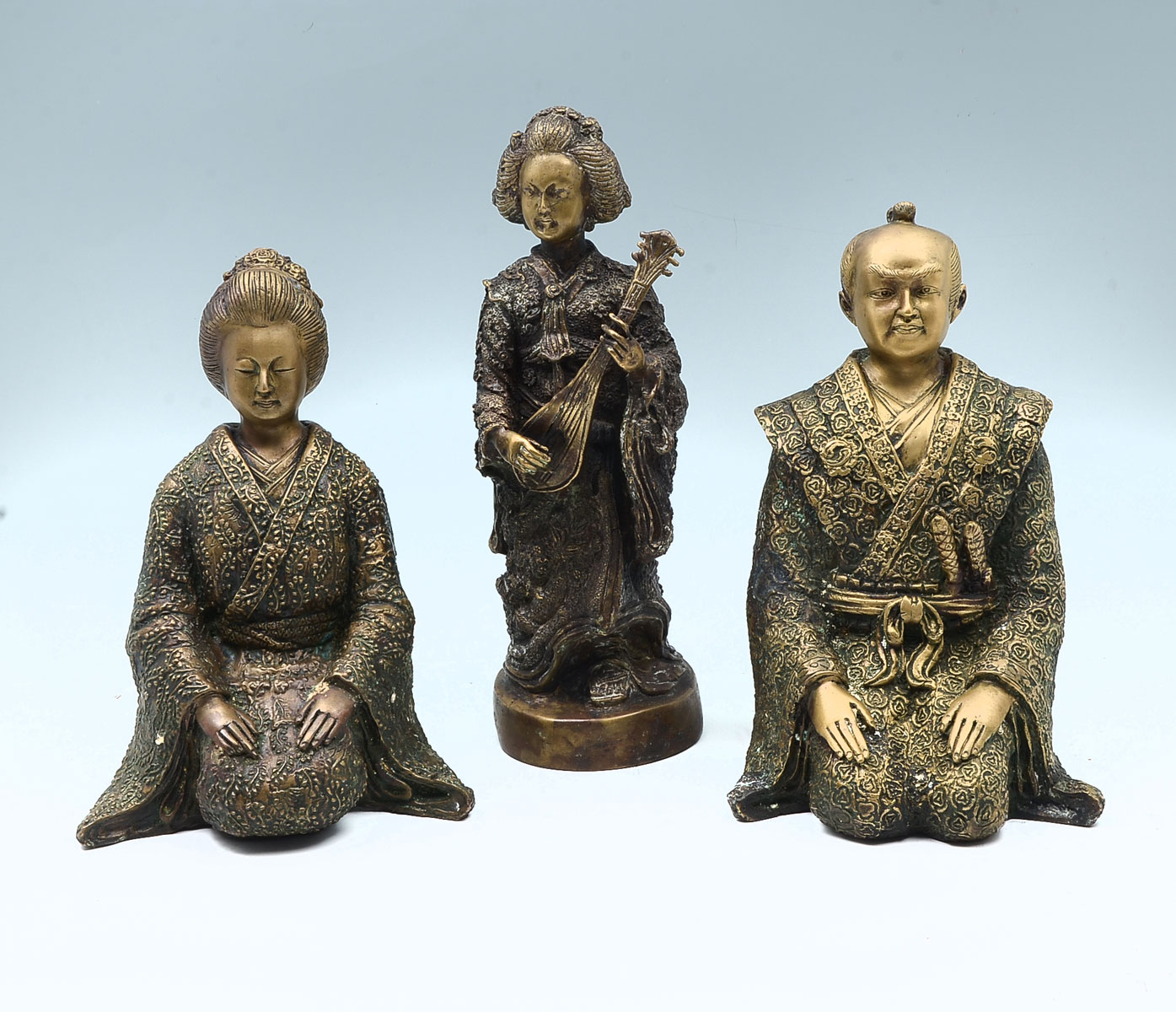 Appraisal: JAPANESE CAST BRONZE FIGURES Comprising - Kneeling woman - Kneeling