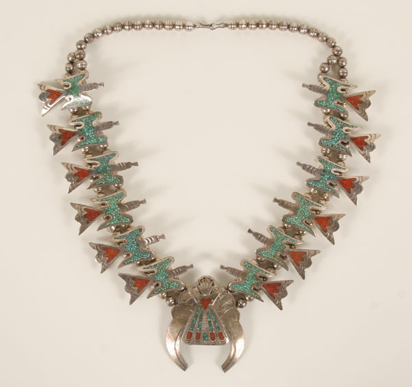 Appraisal: Native American silver eagle necklace inlaid with turquoise and coral