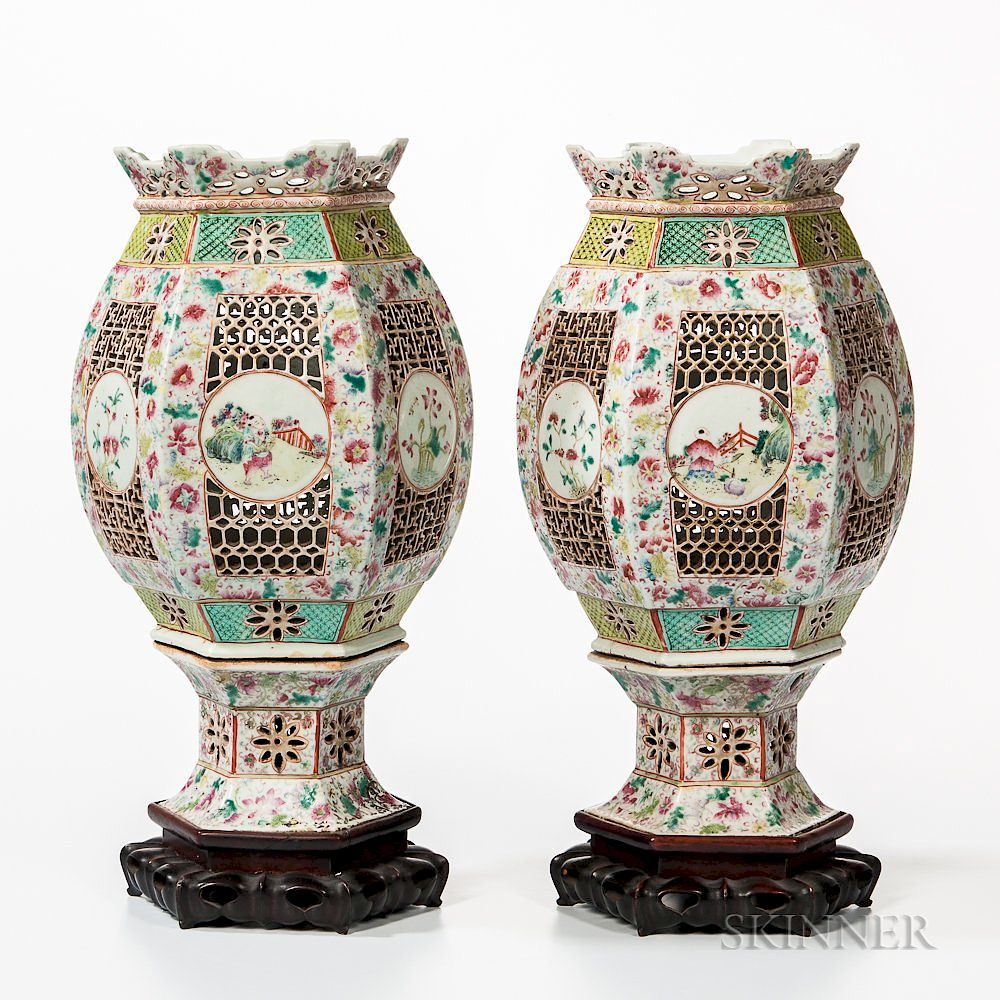 Appraisal: Pair of Famille Rose Porcelain Lanterns Pair of Famille Rose