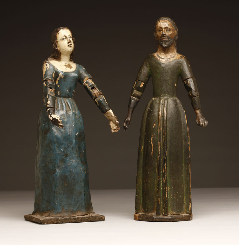 Appraisal: Two Spanish Colonial polychromed wood santos figures Two Spanish Colonial