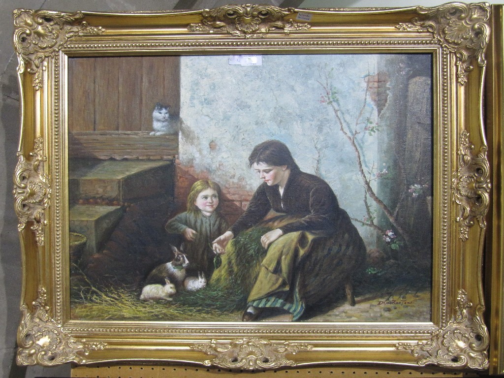 Appraisal: Oil on canvas 'Feeding the Rabbits' signed Dumbarton