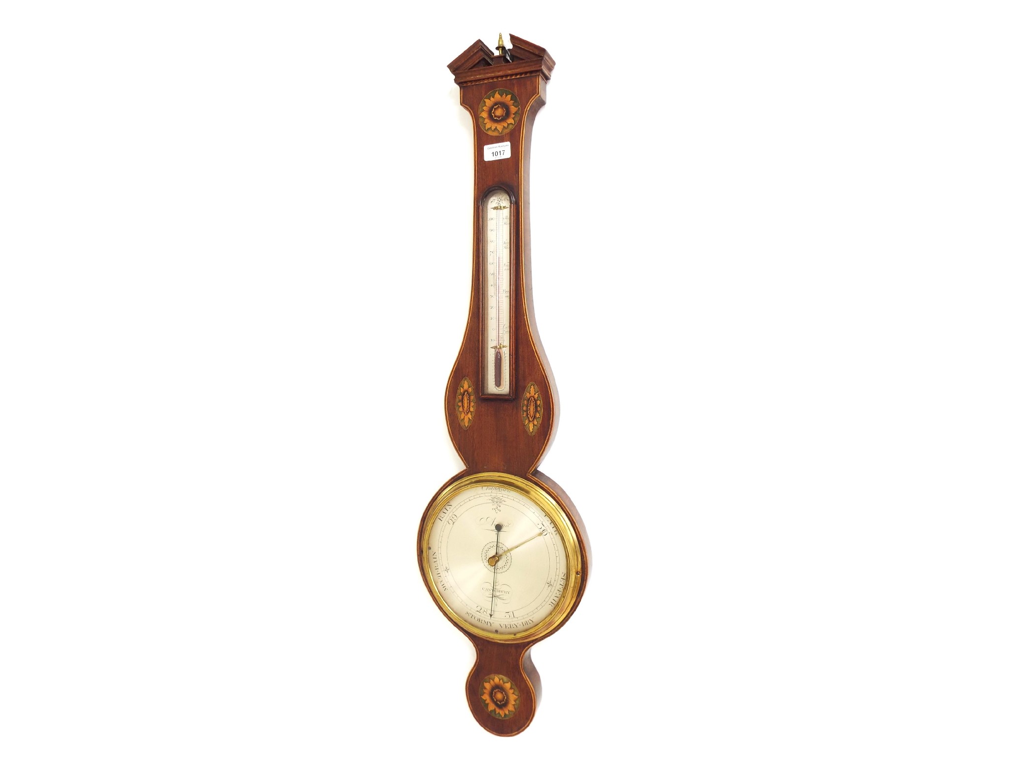 Appraisal: Mahogany inlaid banjo barometer thermometer the silvered dial signed Aiano