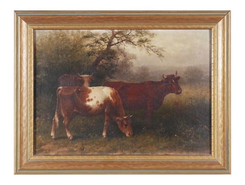 Appraisal: Oil on canvas painting of cows grazing by George Riecke