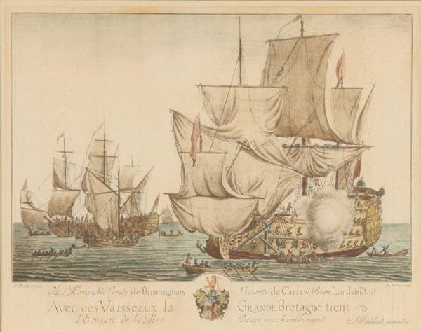 Appraisal: Pair framed color engravings depicting French battleships in harbor plates