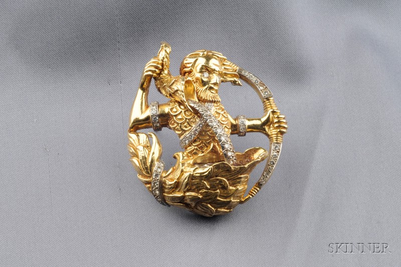 Appraisal: kt Gold and Diamond Brooch designed as a mythological archer