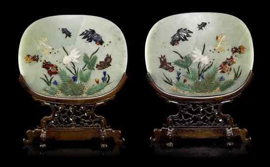 Appraisal: A Pair of Chinese Hardstone Inset Tablescreens of rounded rectangular