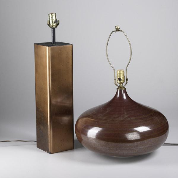 Appraisal: MODERN LIGHTING Pair of square columnar copper washed metal lamps