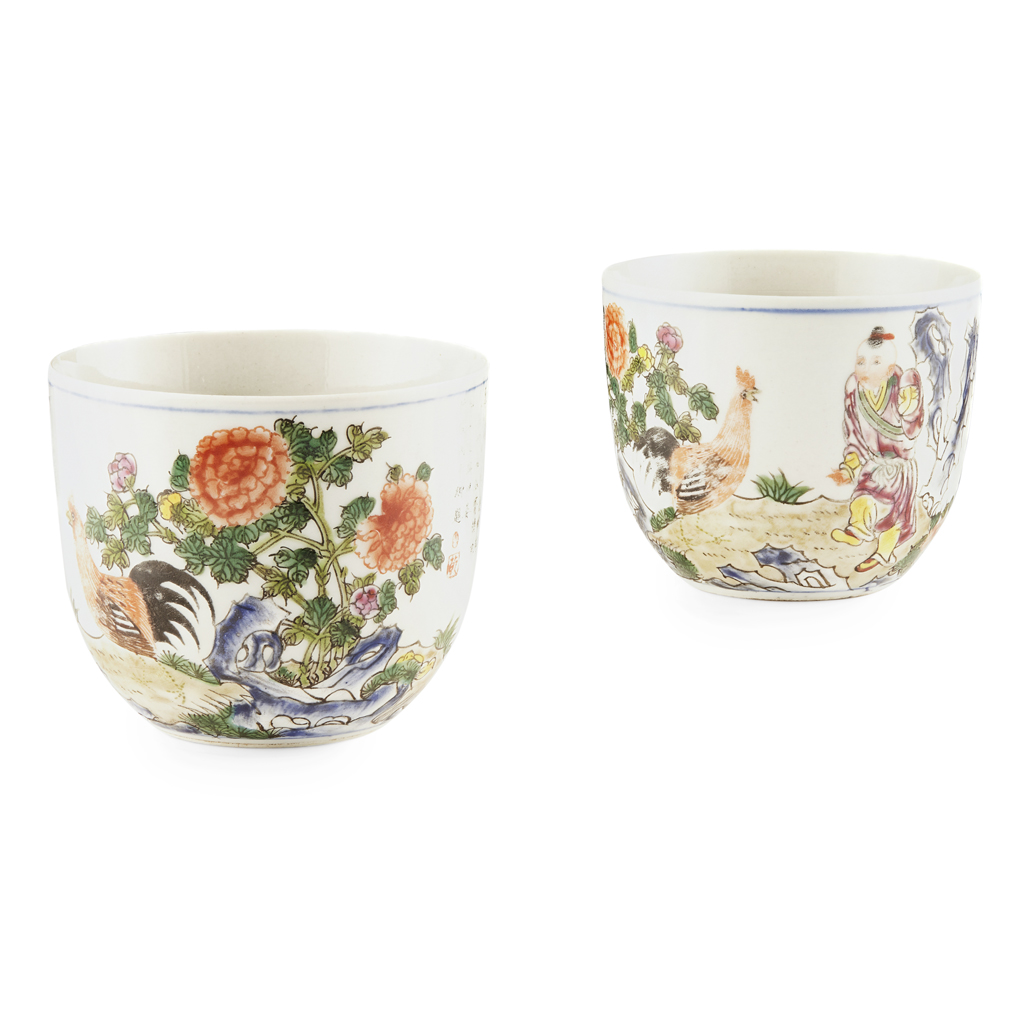 Appraisal: PAIR OF FAMILLE ROSE 'CHICKEN' CUPS each cup painted with