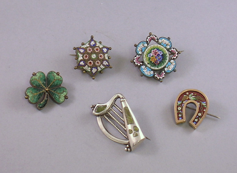 Appraisal: Four Micromosaic Brooches including a horseshoe and a four-leaf clover