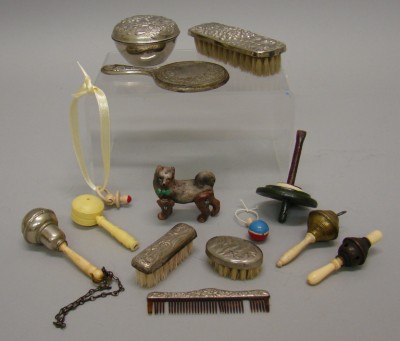 Appraisal: Lot of antique doll baby rattles dresser sets etc Rattles