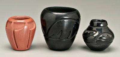 Appraisal: Three Santa Clara vases one black with curvilinear design inscribed