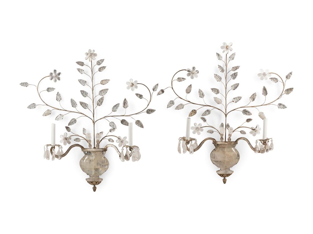 Appraisal: A Pair of Rock Crystal Mounted Two-Light Sconces in the