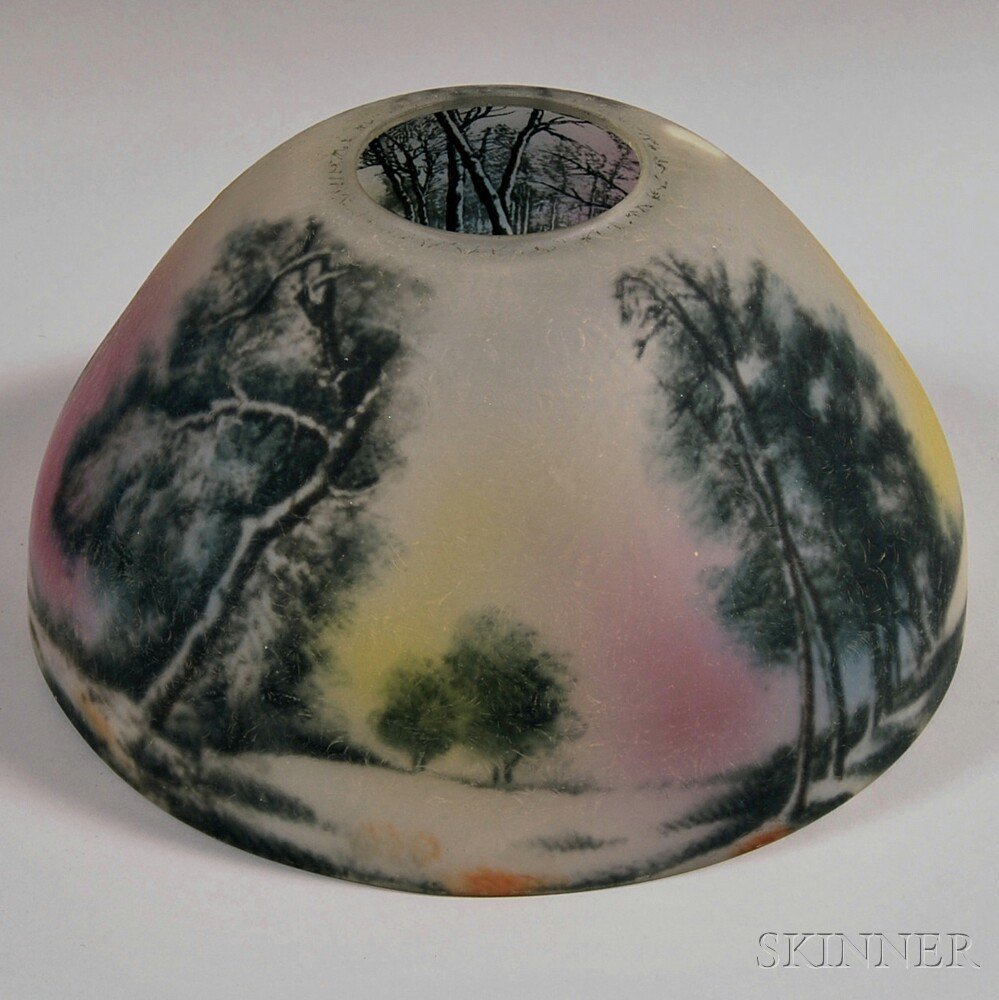 Appraisal: Scenic Reverse-painted Glass Lamp Shade America early th century domed