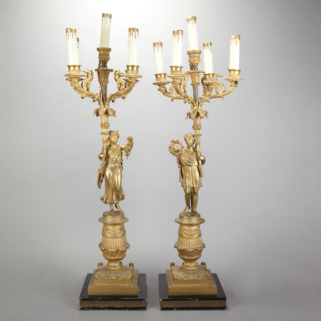 Appraisal: Pair of Empire Style Gilt-Bronze and Gilt-Metal Figural Candelabra Lamps