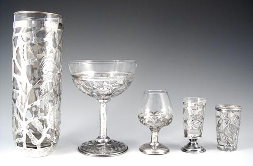 Appraisal: MEXICAN STERLING OVER GLASS DECANTERS AND STEMWARE pieces to include