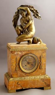 Appraisal: French Bronze and Sienna Marble Figural Mantel Clo French Bronze