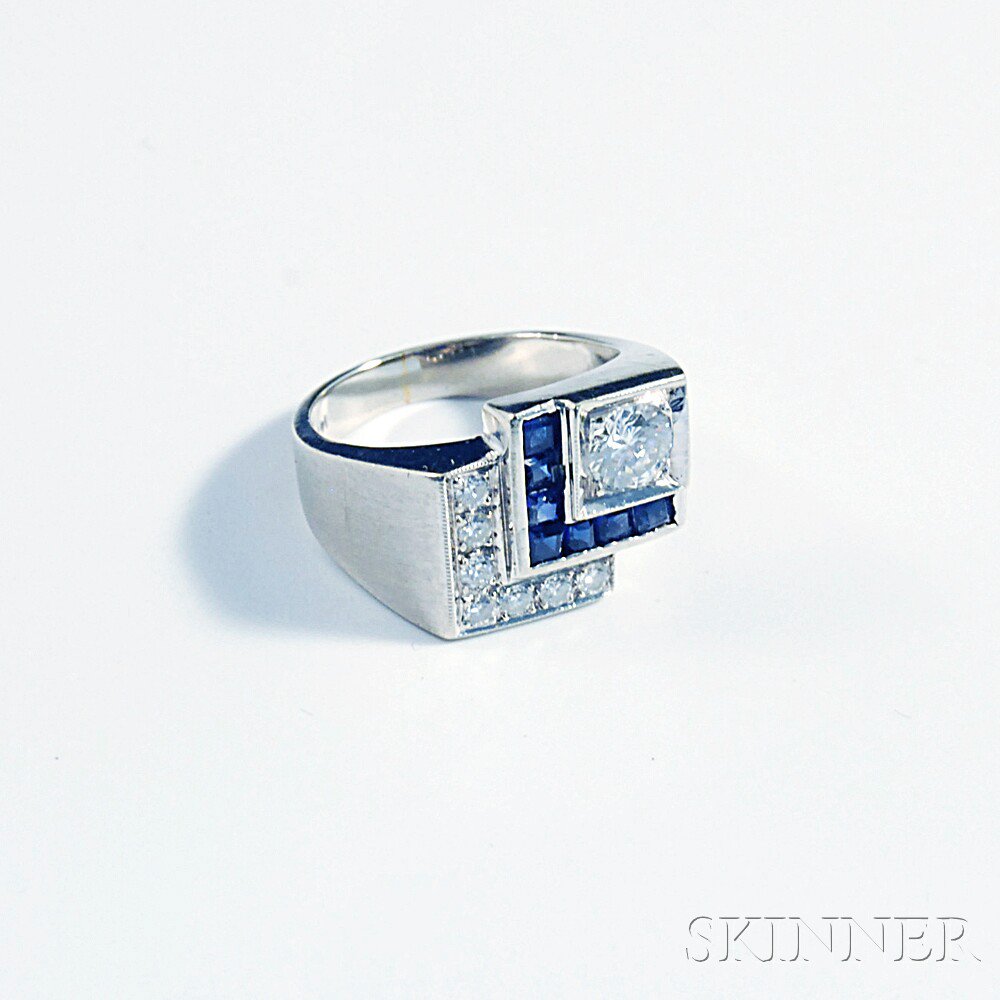 Appraisal: kt White Gold Sapphire and Diamond Ring on brushed tapered