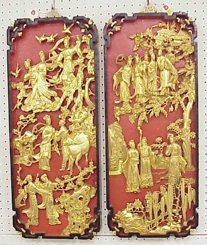 Appraisal: Pair of Japanese carved gilt wall plaques figural decoration with