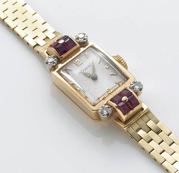 Appraisal: A retro diamond ruby and k gold ladies wristwatch Movado