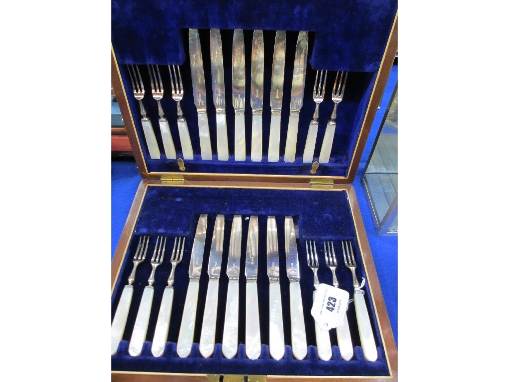 Appraisal: Cased EP and mother of pearl fruit cutlery set one