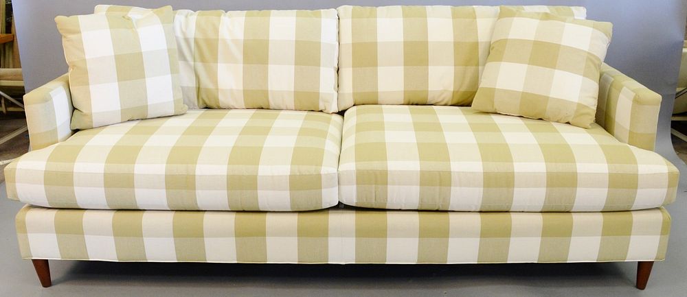 Appraisal: Taylor King upholstered sofa green gingham pattern with pair of