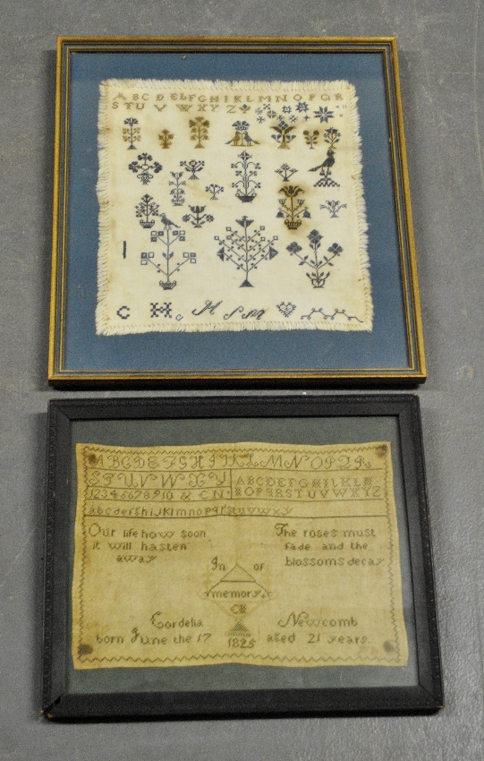 Appraisal: - Memorial needlework sampler Cordelia Newcomb site- x and another