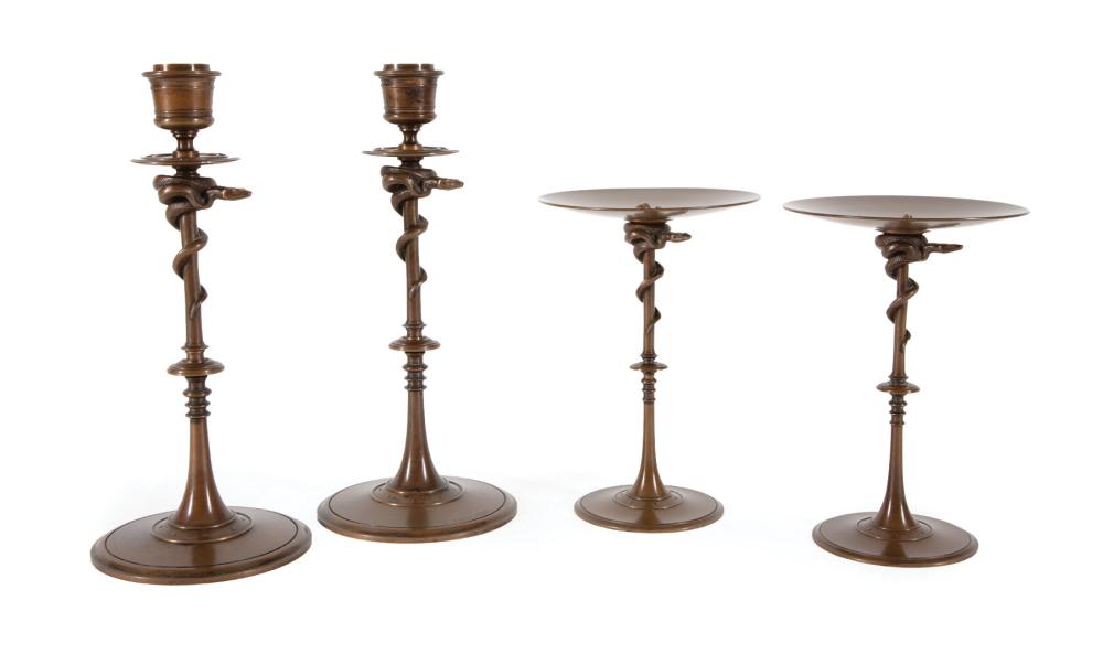 Appraisal: French Patinated Bronze Four-Piece Table Garniture c comprised of pair