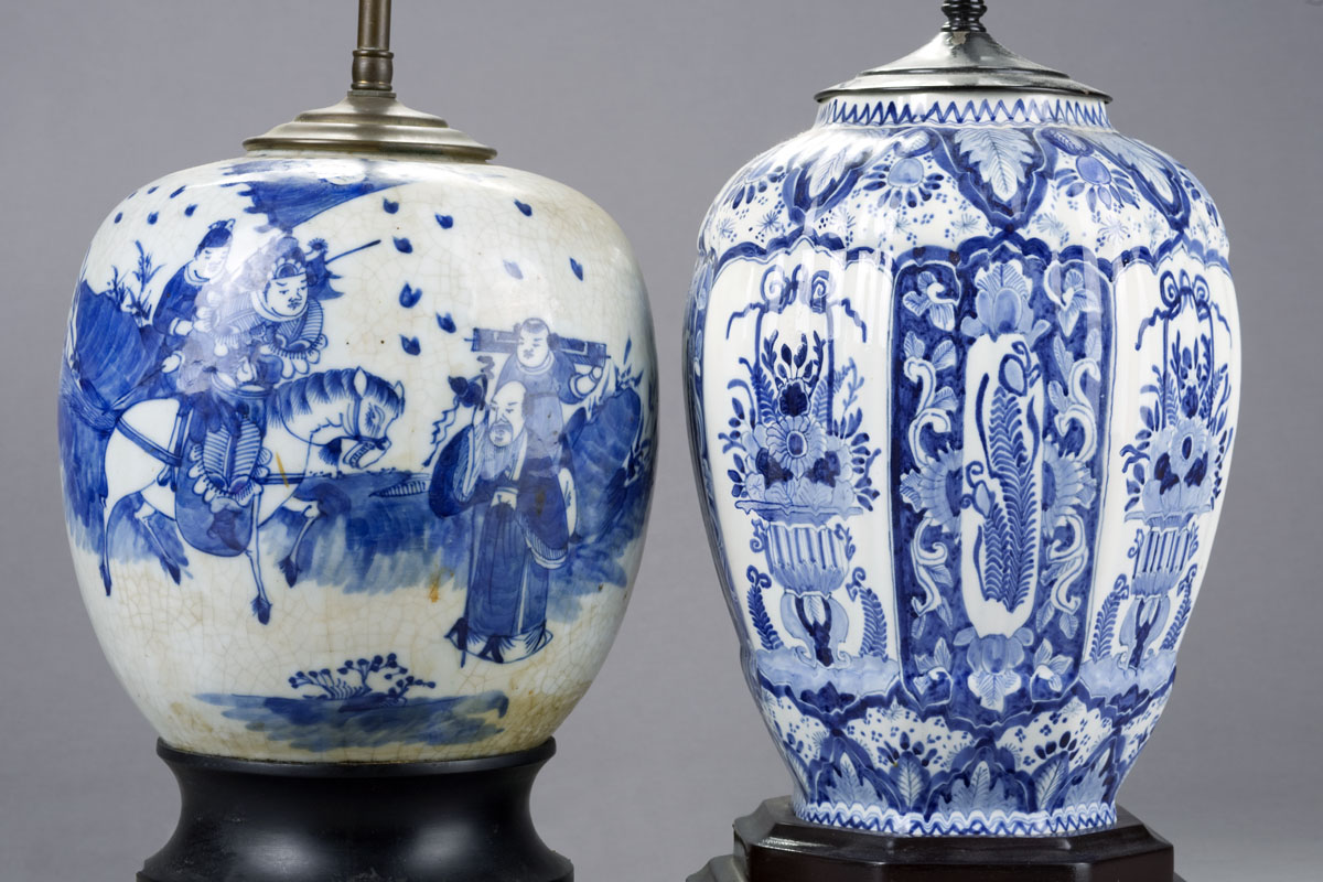 Appraisal: TWO BLUE AND WHITE CERAMIC TABLE LAMPS The first a