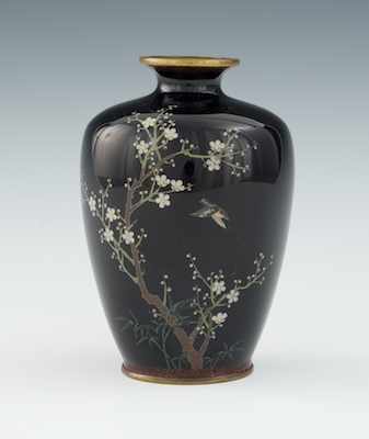 Appraisal: A Miniature Cloisonne Vase with Prunus Bird Meiji Period Circa