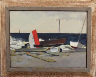 Appraisal: Margaret Appich born Storm-Nantucket Oil on canvas harbor painting with