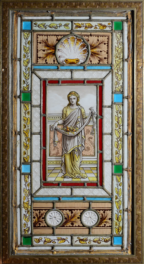 Appraisal: ENGLISH LEADED AND PAINTED GLASS PANEL IN THE PRE-RAPHAELITE MANNER