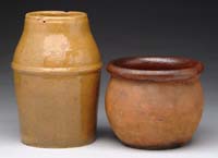 Appraisal: TWO PIECES OF POTTERY Redware jar with brown glaze interior