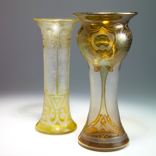 Appraisal: HONESDALE Two tall vases cut-back with Art Nouveau foliate designs